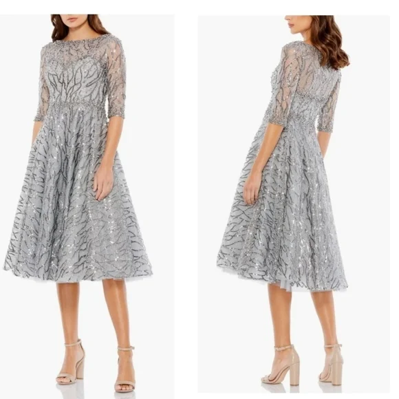 NWT Mac Duggal Silver High Neck Above Elbow Sleeve Embellished A Line Dress SZ 4 - Picture 1 of 11